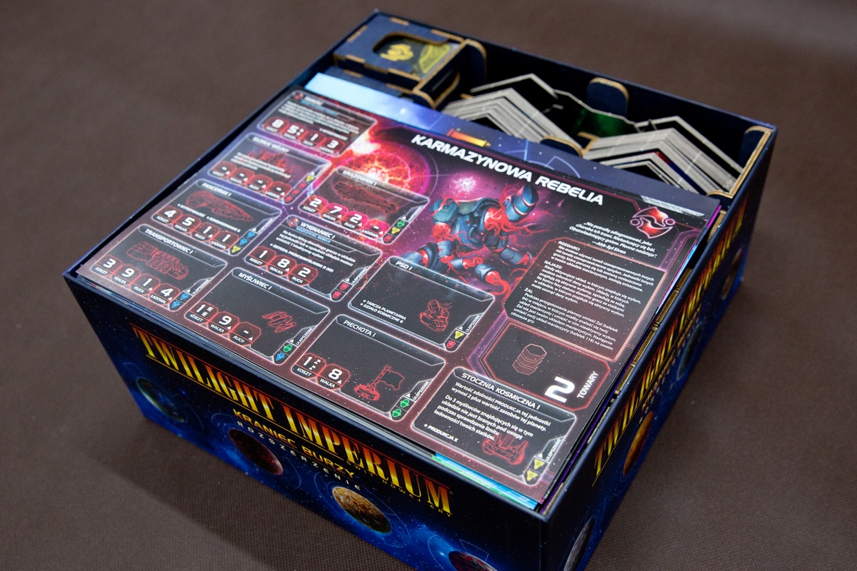 Insert do gry Twilight Imperium: Kraniec burzy - Ułożenie elemntów w pudełku - wersja ze sklejki malowanej